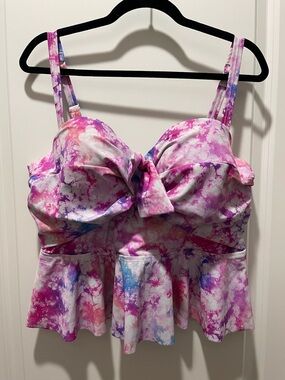 Torrid Purple & Pink Tie-Dye Peplum Swim Top with Front Knot (1)